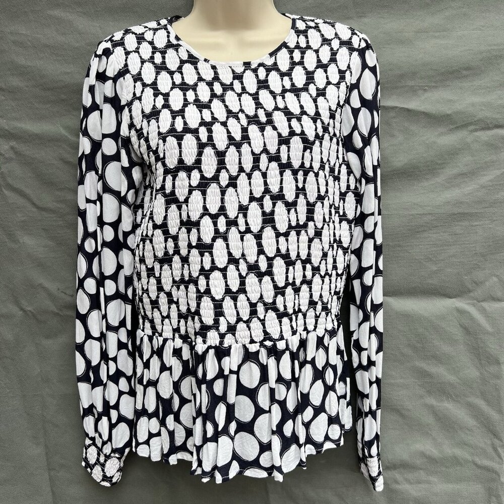 Tyler Boe Blue White Peplum Shirred Puff Sleeves Shirt Top Blouse Size M Classic